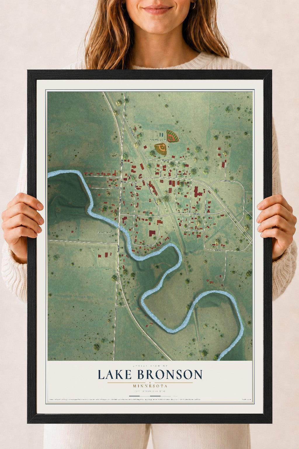 Map of Lake Bronson, Minnesota, 18 x 24 inch print in a black wood frame