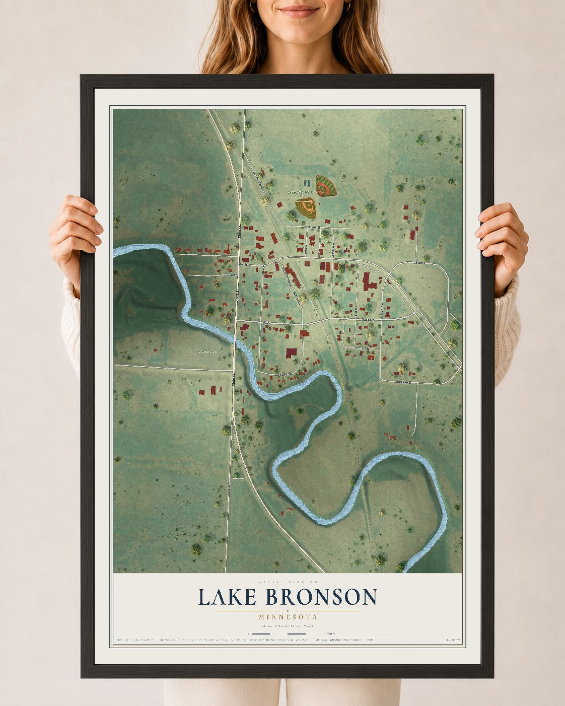 Map of Lake Bronson, Minnesota, 24 x 36 inch print in a black wood frame