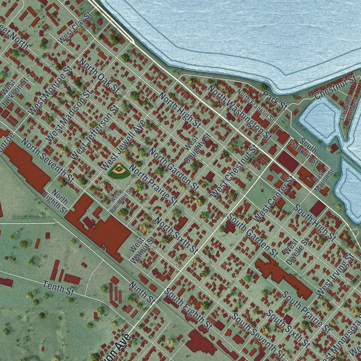 Close-up of the map of Lake City, Minnesota print showing street and building detail