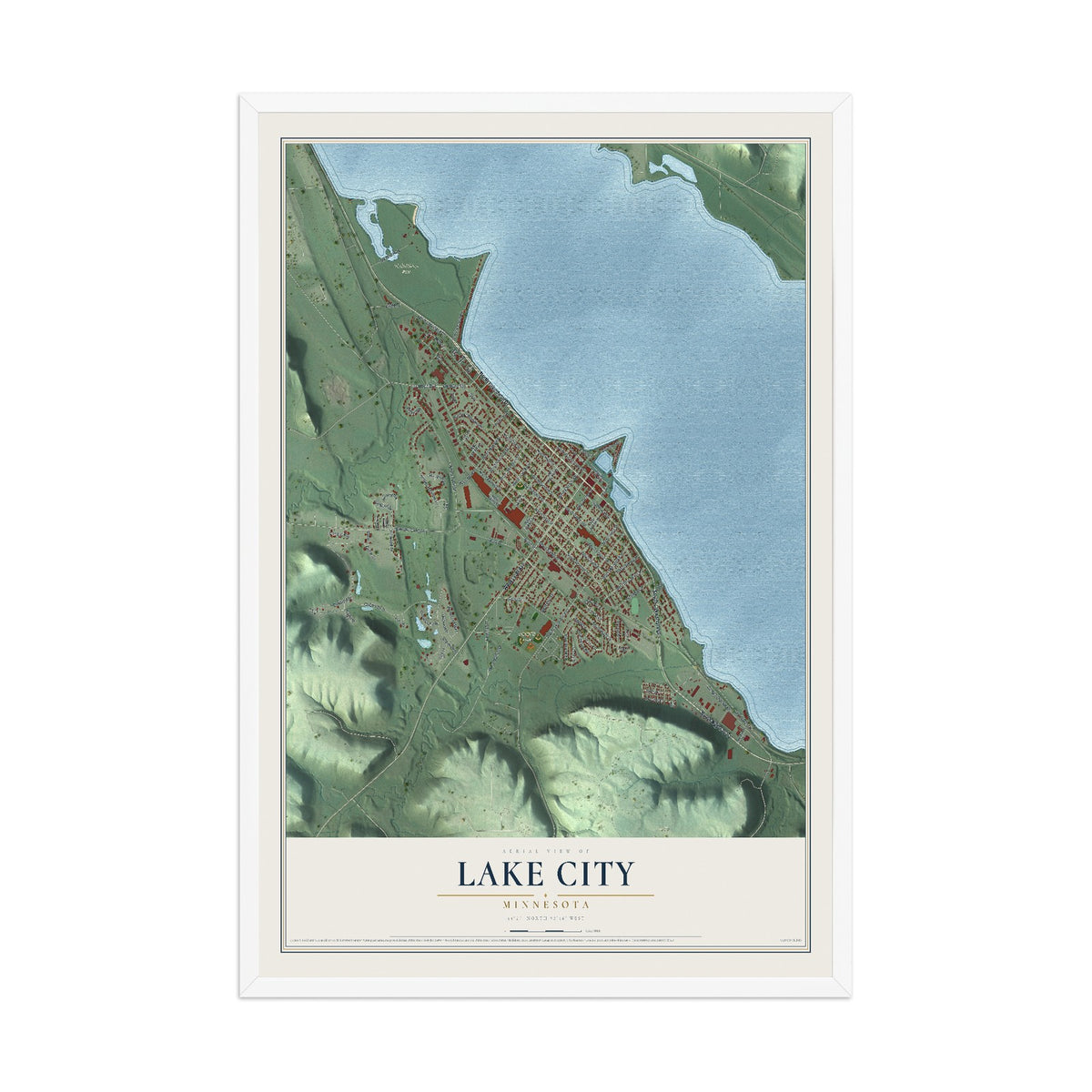 Map of Lake City, Minnesota, 12 x 18 inch print in a white wood frame