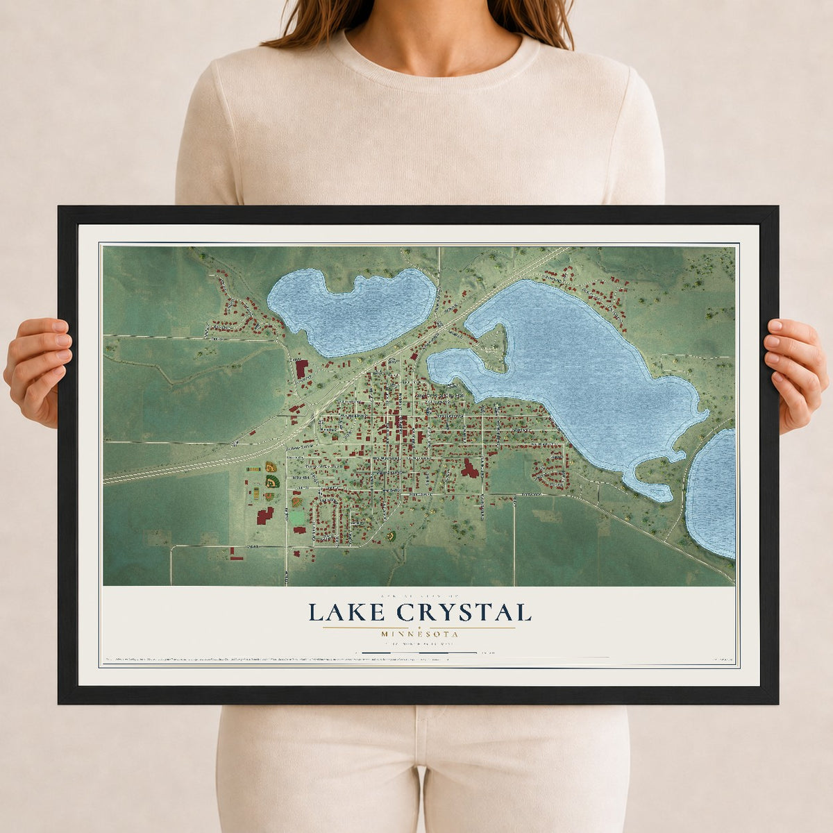 Map of Lake Crystal, Minnesota, 12 x 18 inch print in a black wood frame