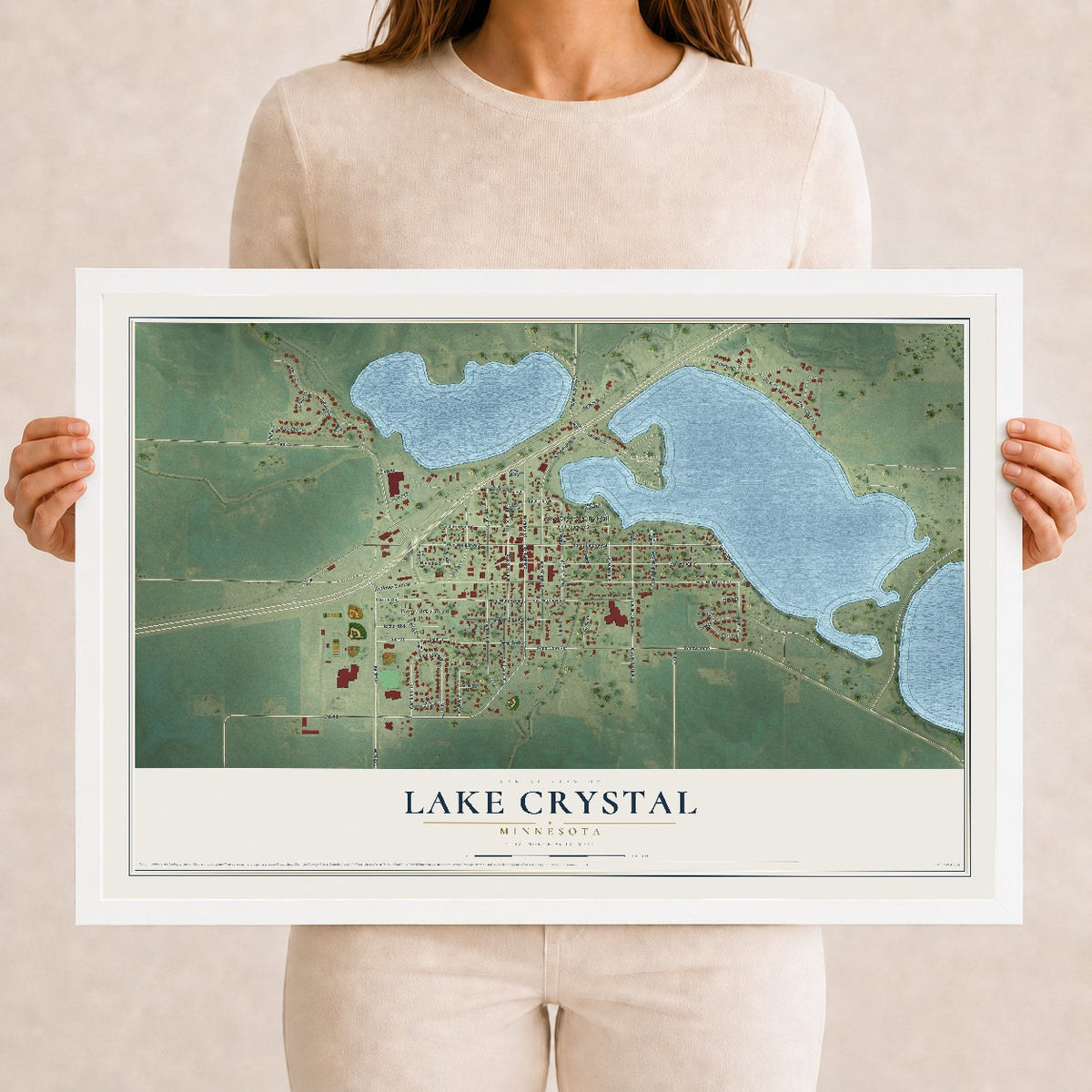 Map of Lake Crystal, Minnesota, 12 x 18 inch print in a white wood frame