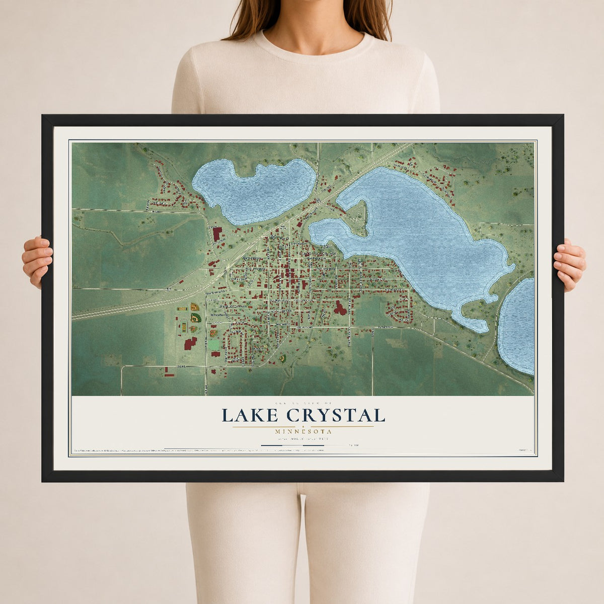 Map of Lake Crystal, Minnesota, 24 x 36 inch print in a black wood frame