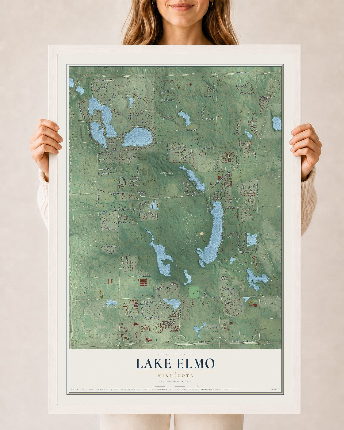 Map of Lake Elmo, Minnesota, 24 x 36 inch print in a white wood frame