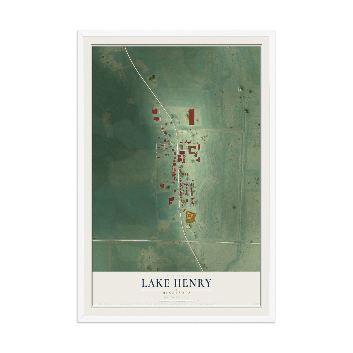 Map of Lake Henry, Minnesota, 12 x 18 inch print in a white wood frame
