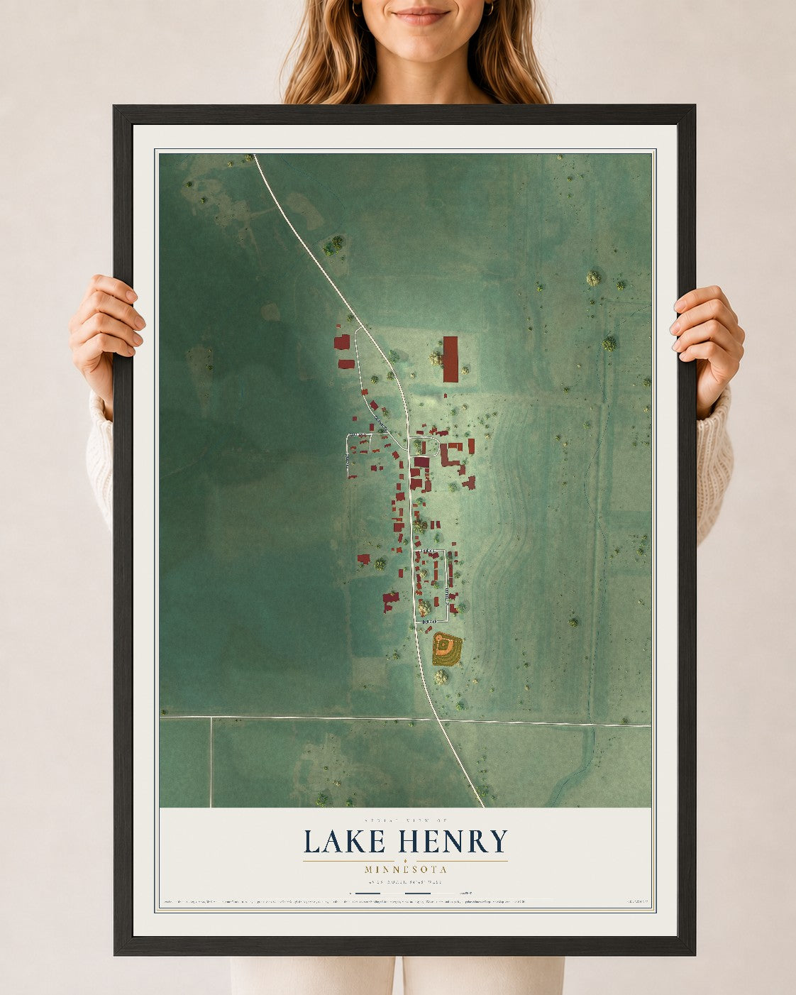 Map of Lake Henry, Minnesota, 24 x 36 inch print in a black wood frame