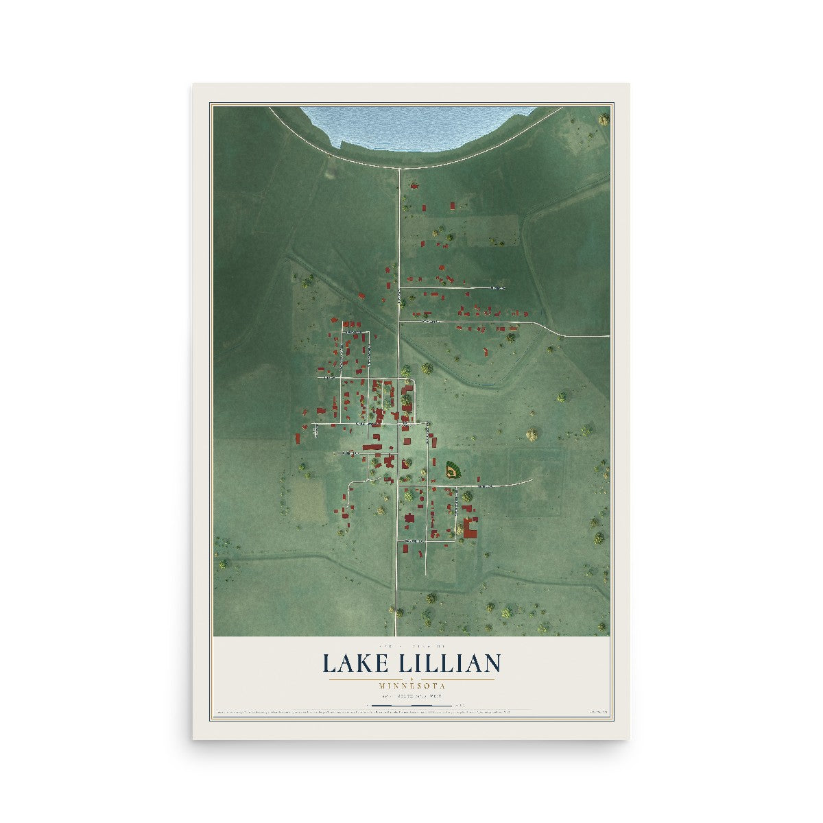 Map of Lake Lillian, Minnesota, 12 x 18 inch unframed archival matte print