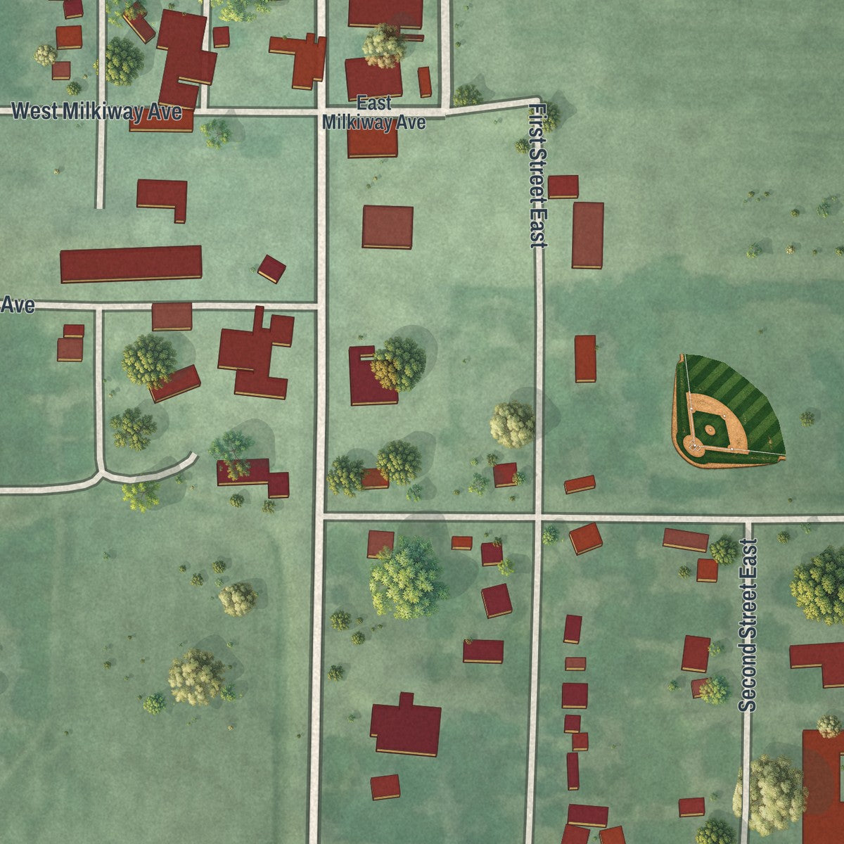 Close-up of the map of Lake Lillian, Minnesota print showing street and building detail