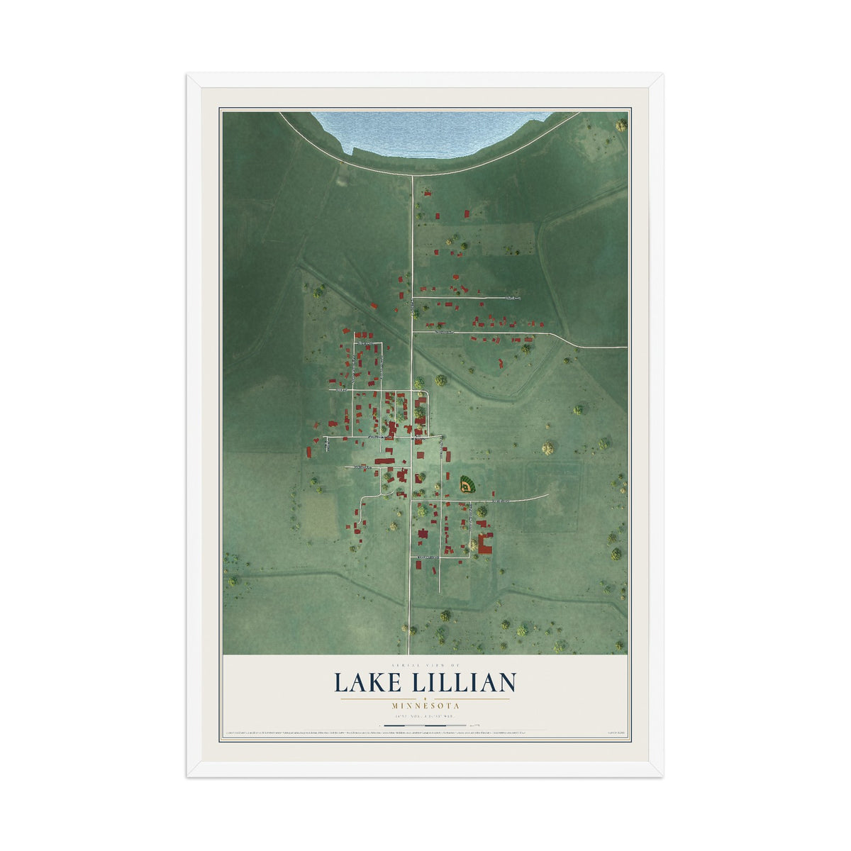 Map of Lake Lillian, Minnesota, 12 x 18 inch print in a white wood frame