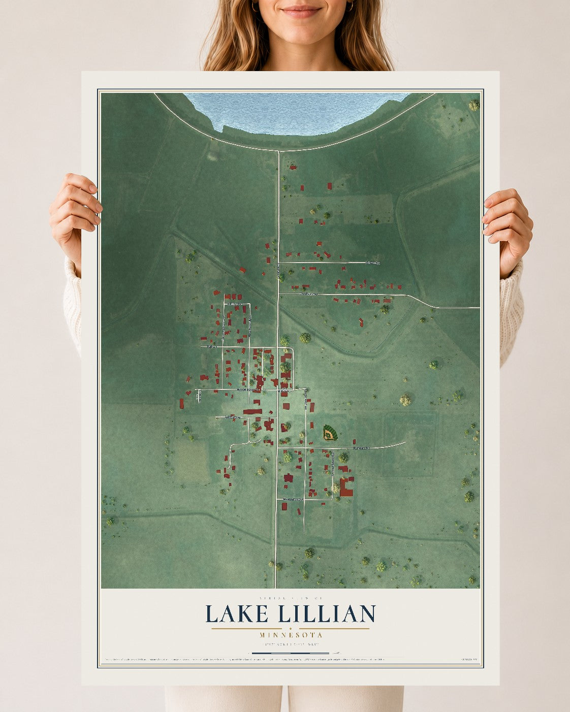 Map of Lake Lillian, Minnesota, 24 x 36 inch unframed archival matte print