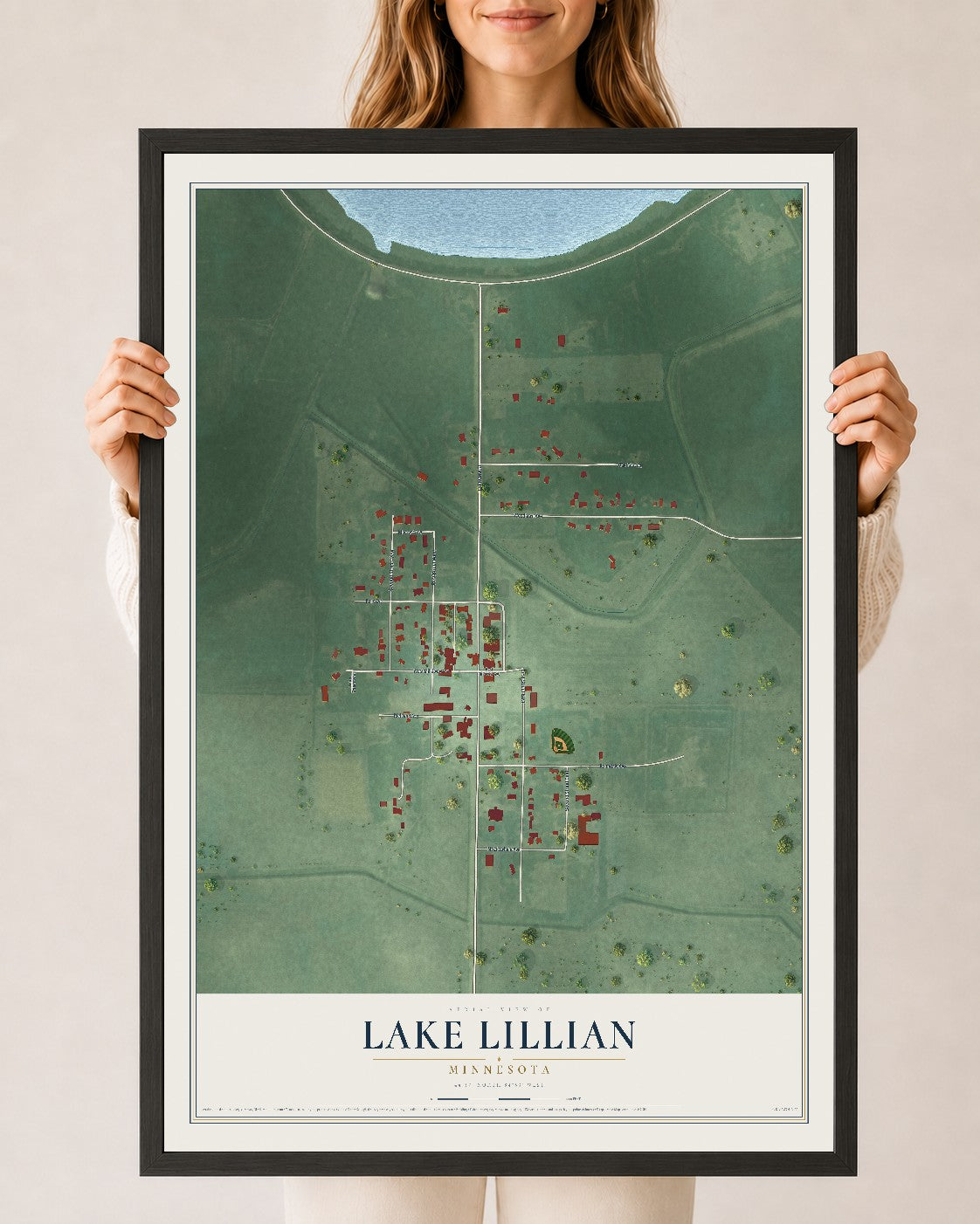 Map of Lake Lillian, Minnesota, 24 x 36 inch print in a black wood frame