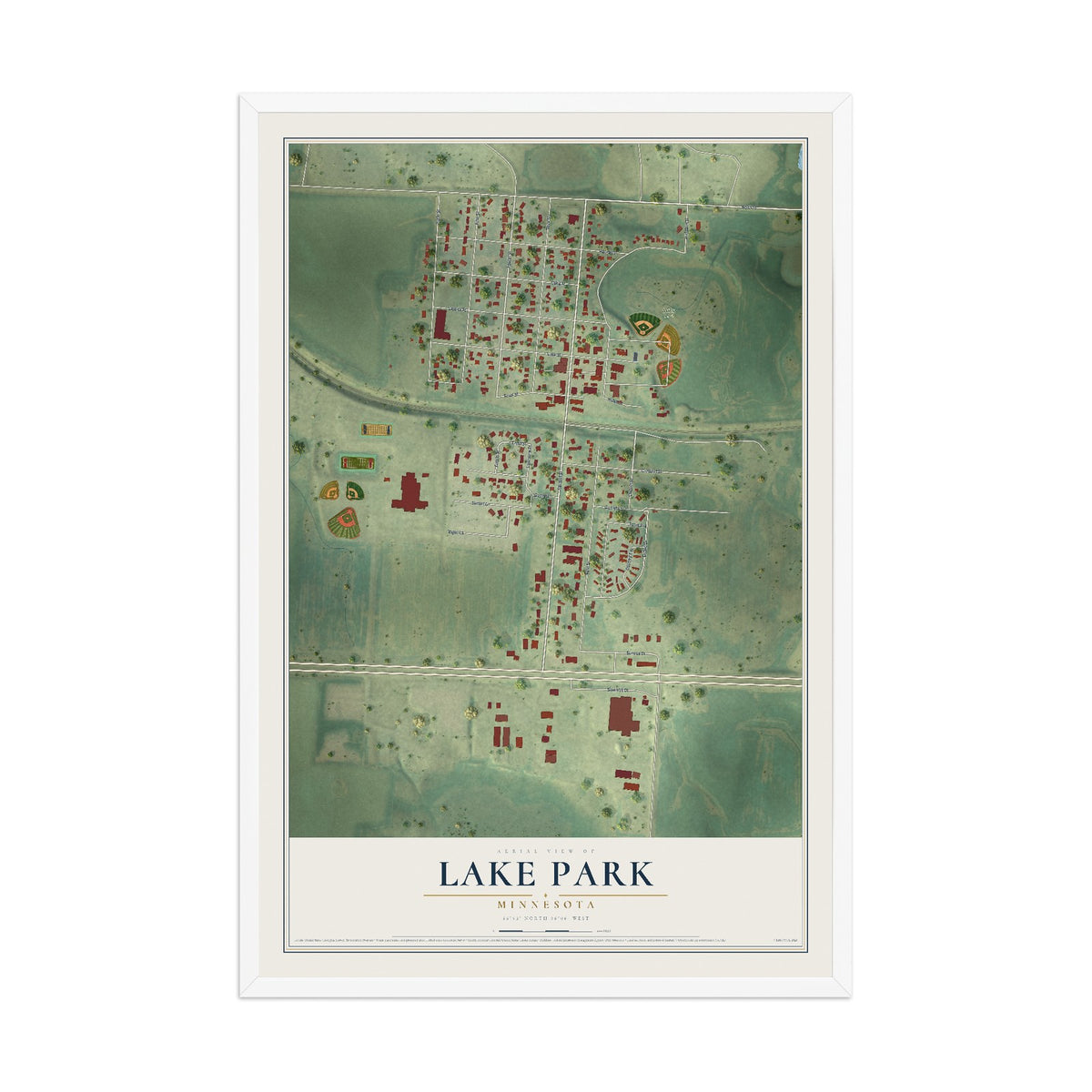 Map of Lake Park, Minnesota, 12 x 18 inch print in a white wood frame