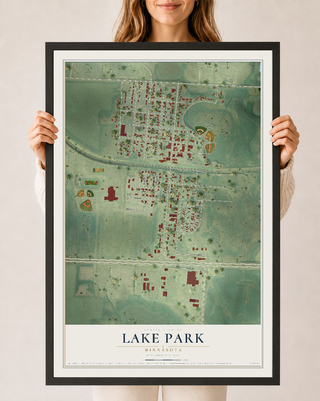 Map of Lake Park, Minnesota, 24 x 36 inch print in a black wood frame