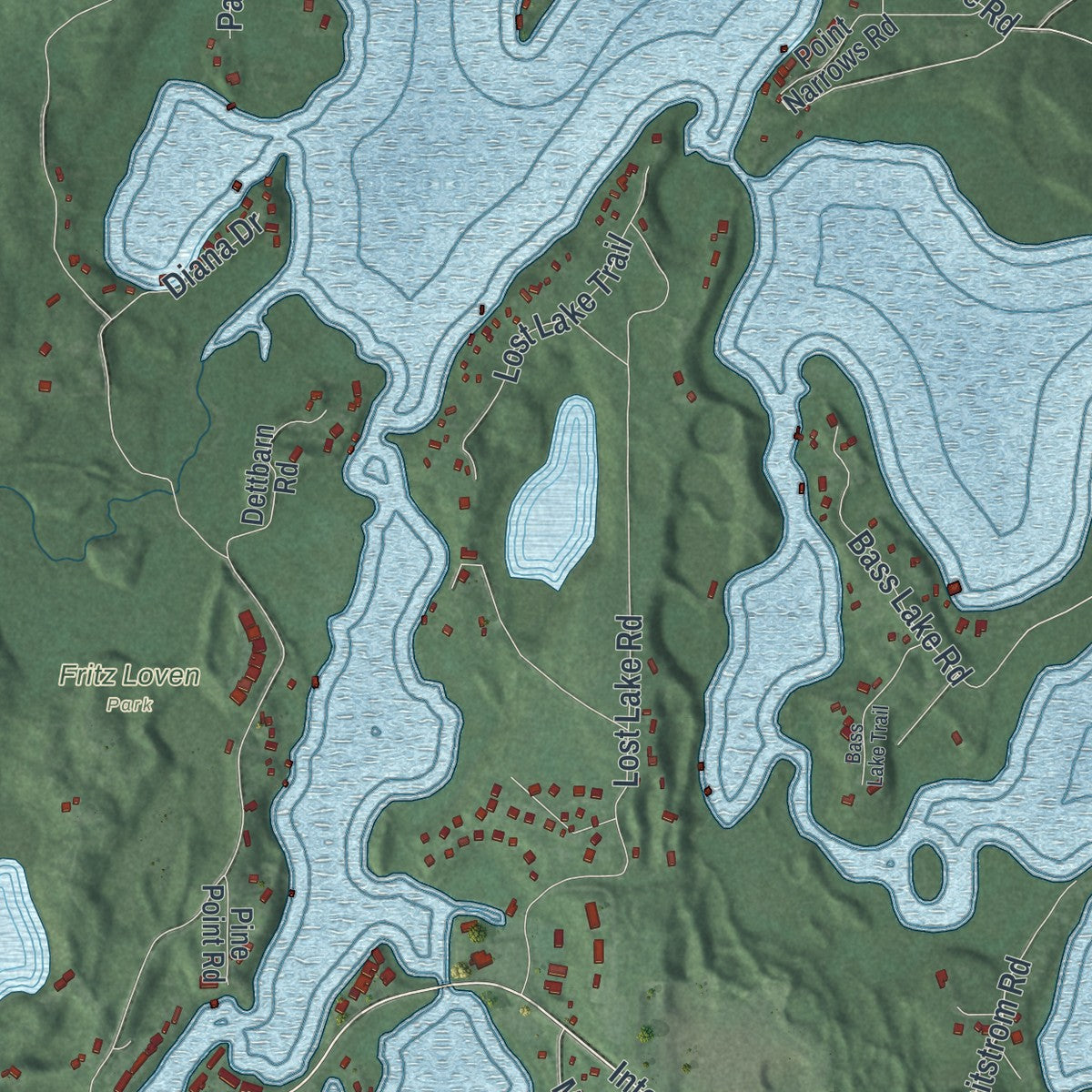 Close-up of the map of Lake Shore, Minnesota print showing street and building detail