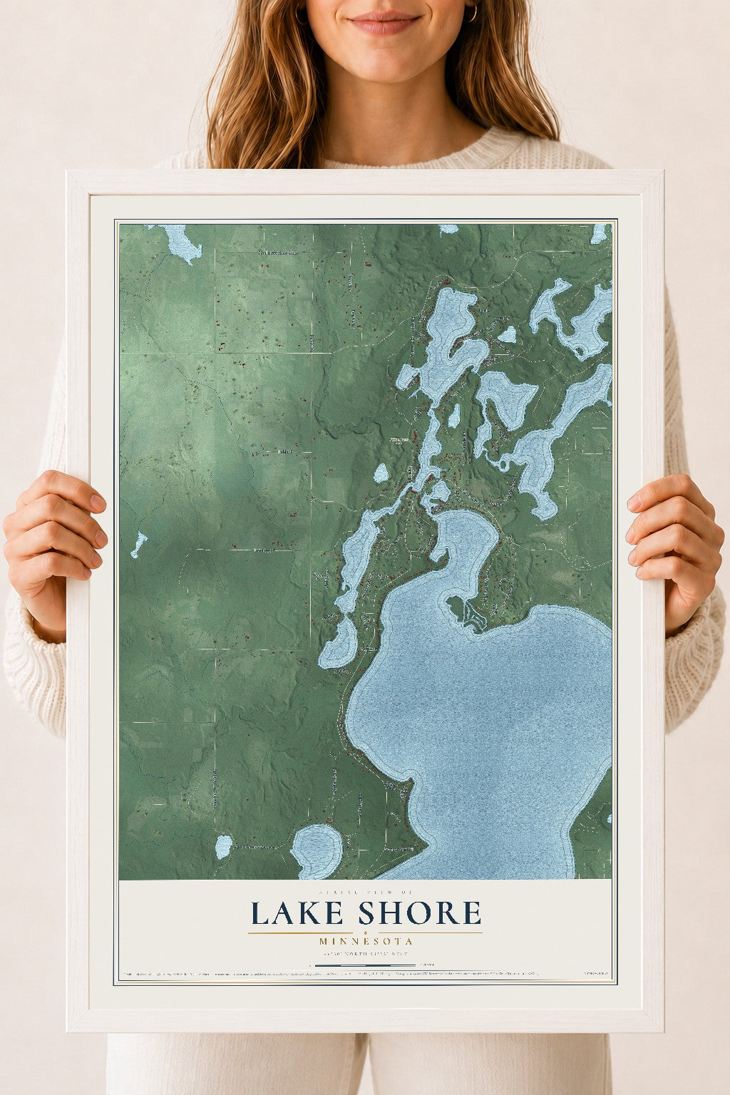 Map of Lake Shore, Minnesota, 18 x 24 inch print in a white wood frame