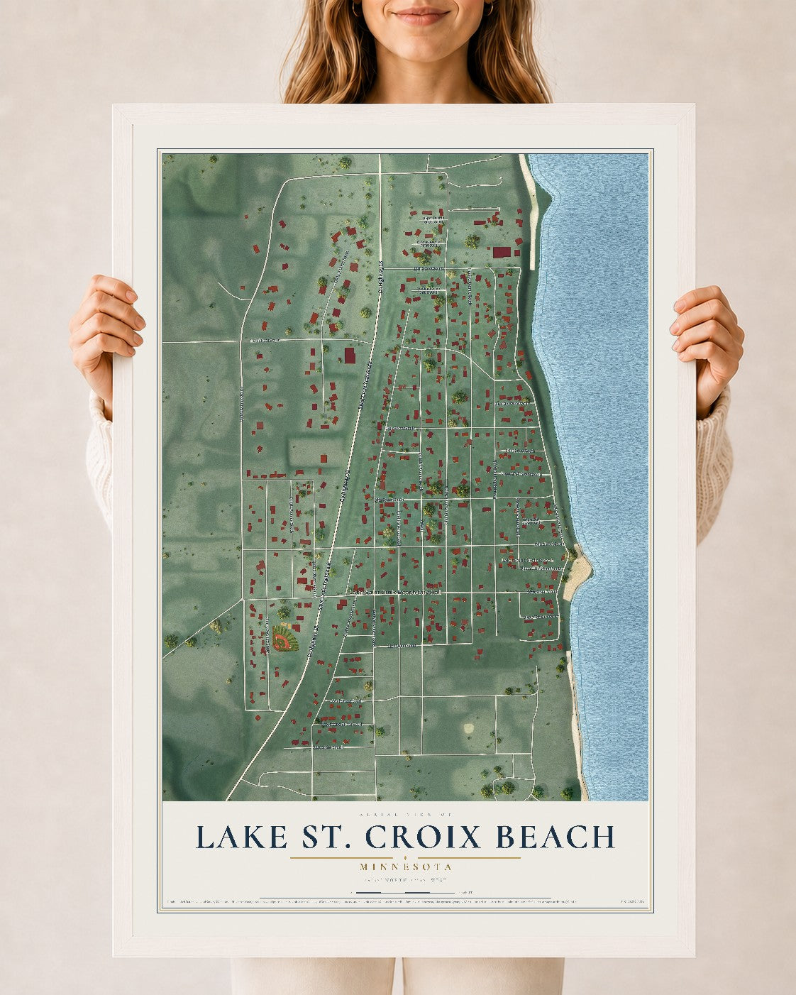 Map of Lake St. Croix Beach, Minnesota, 24 x 36 inch print in a white wood frame
