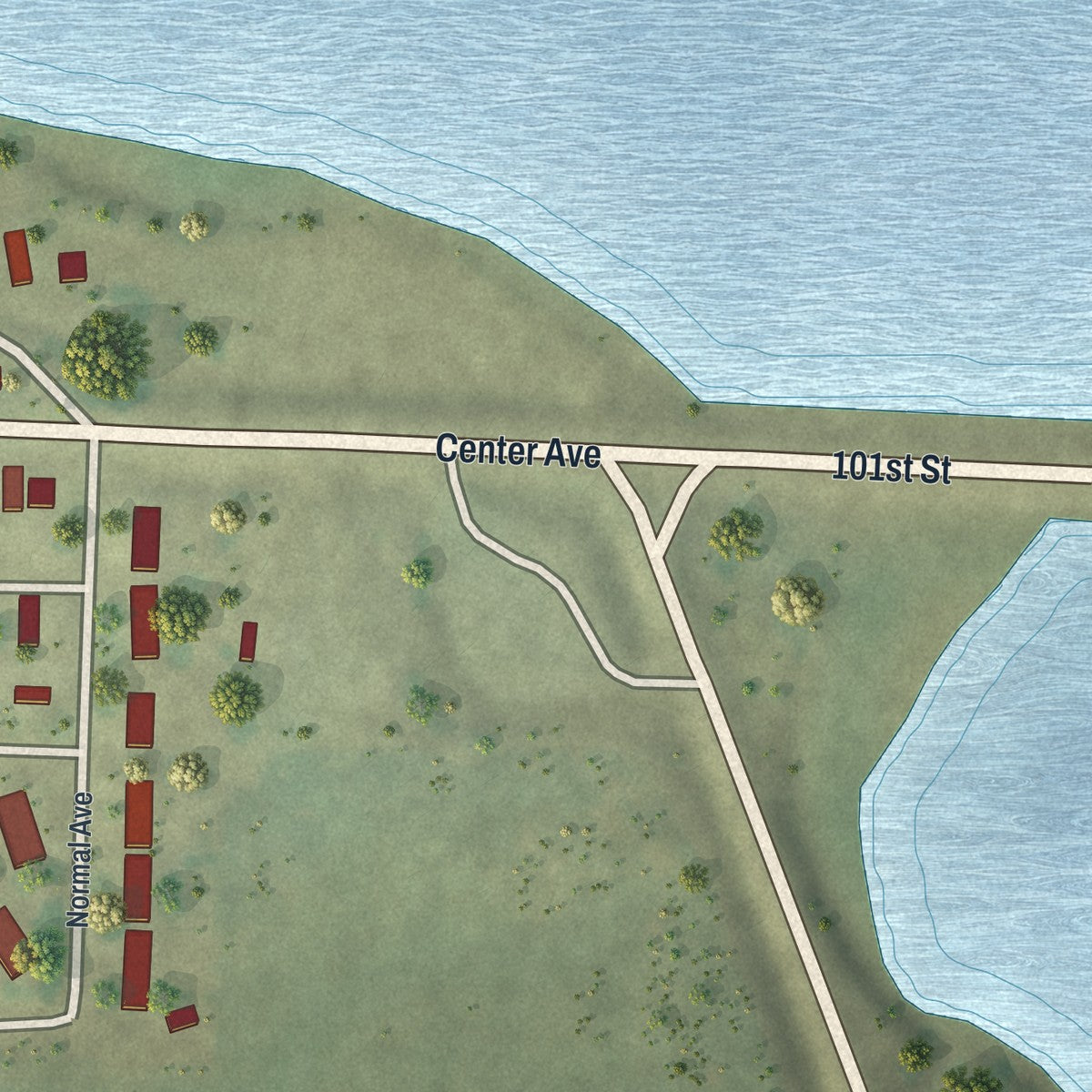 Second close-up of the map of Lake Wilson, Minnesota print showing more streets and buildings