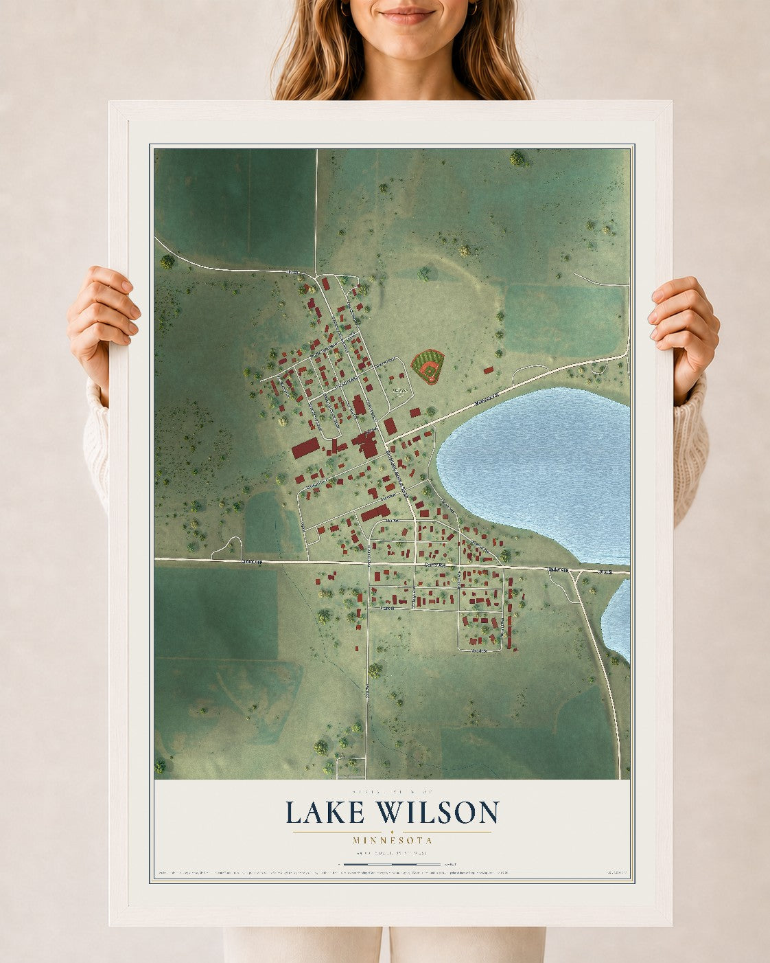 Map of Lake Wilson, Minnesota, 24 x 36 inch print in a white wood frame