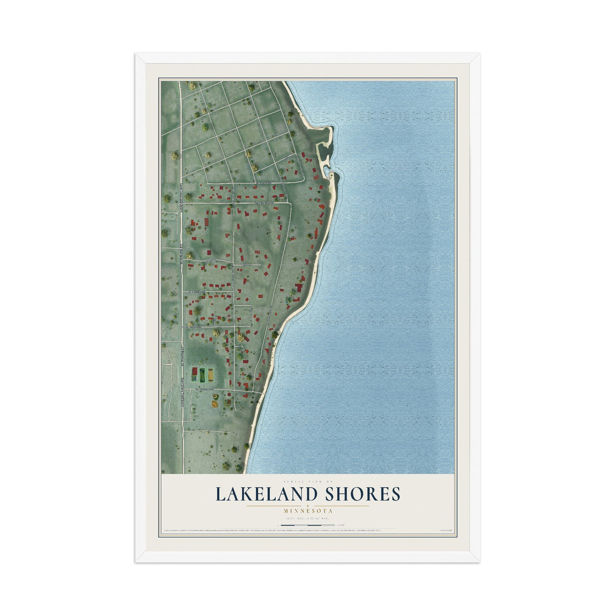 Map of Lakeland Shores, Minnesota, 12 x 18 inch print in a white wood frame