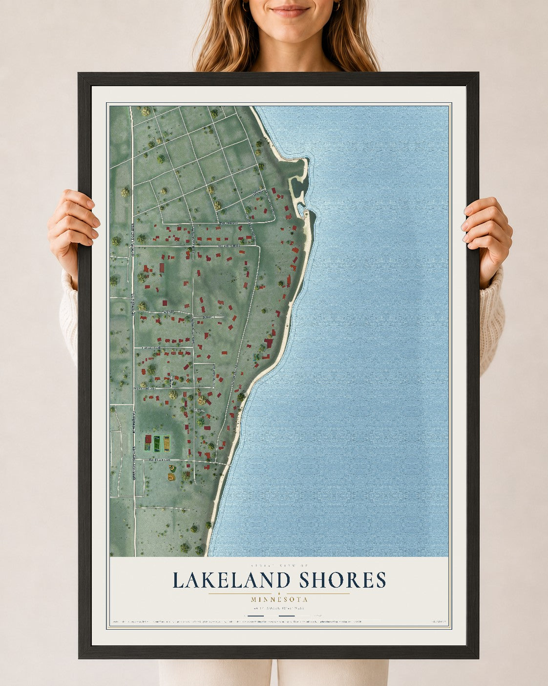 Map of Lakeland Shores, Minnesota, 24 x 36 inch print in a black wood frame