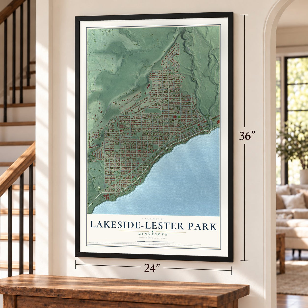 Lakeside-Lester Park, Minnesota map, 24 x 36 inch print in a black frame by a staircase