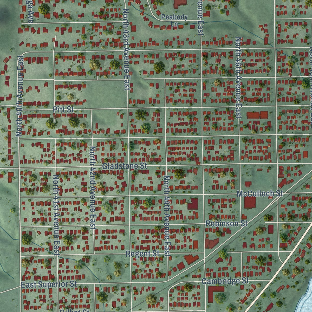 Close-up of the map of Lakeside-Lester Park, Minnesota print showing street and building detail