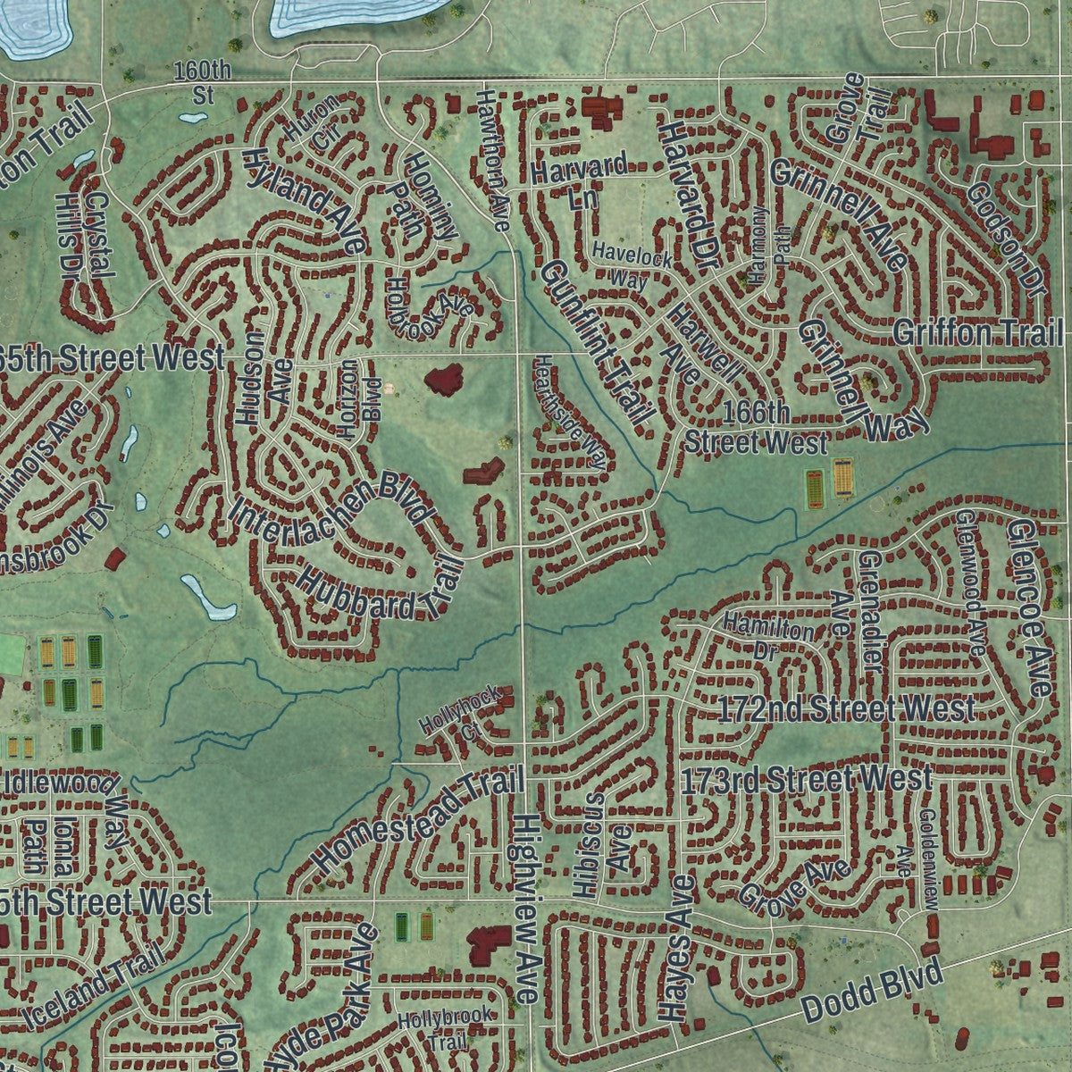 Second close-up of the map of Lakeville, Minnesota print showing more streets and buildings