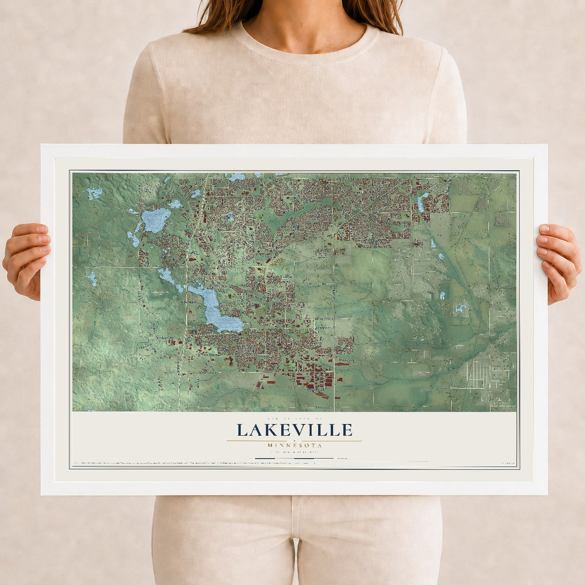 Map of Lakeville, Minnesota, 12 x 18 inch print in a white wood frame