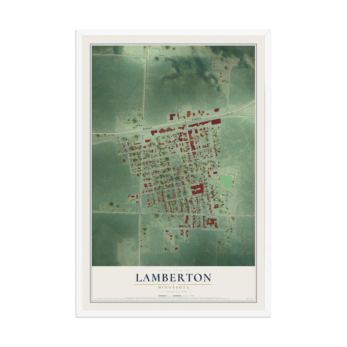 Map of Lamberton, Minnesota, 12 x 18 inch print in a white wood frame