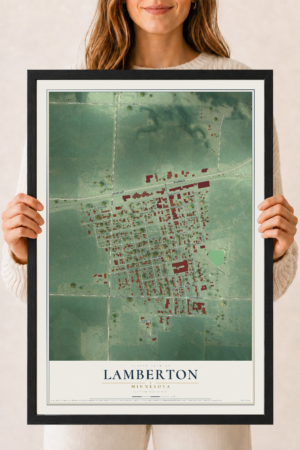 Map of Lamberton, Minnesota, 18 x 24 inch print in a black wood frame