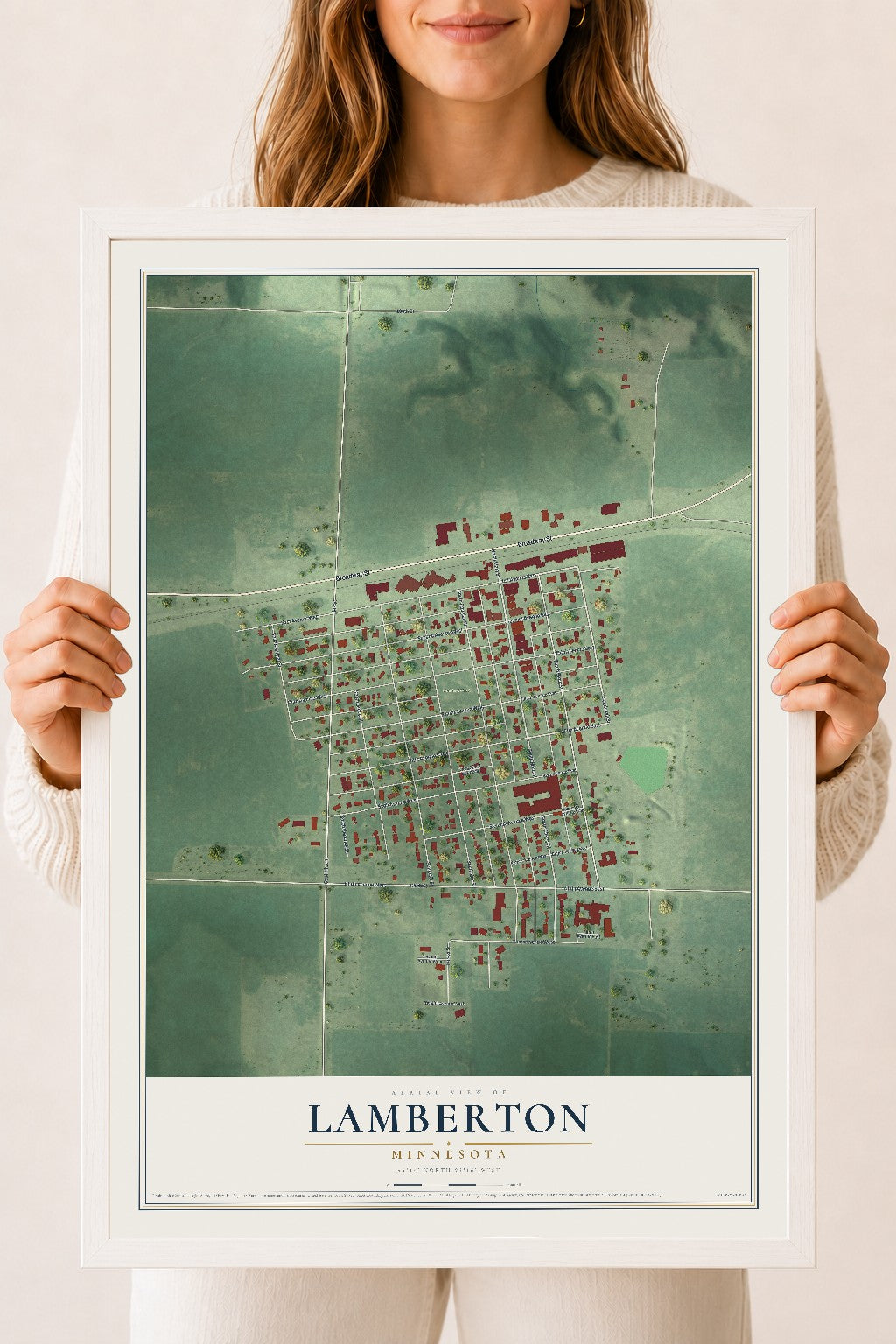 Map of Lamberton, Minnesota, 18 x 24 inch print in a white wood frame