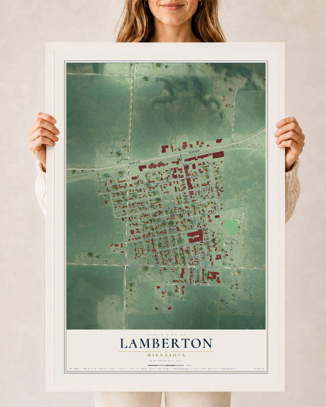 Map of Lamberton, Minnesota, 24 x 36 inch print in a white wood frame