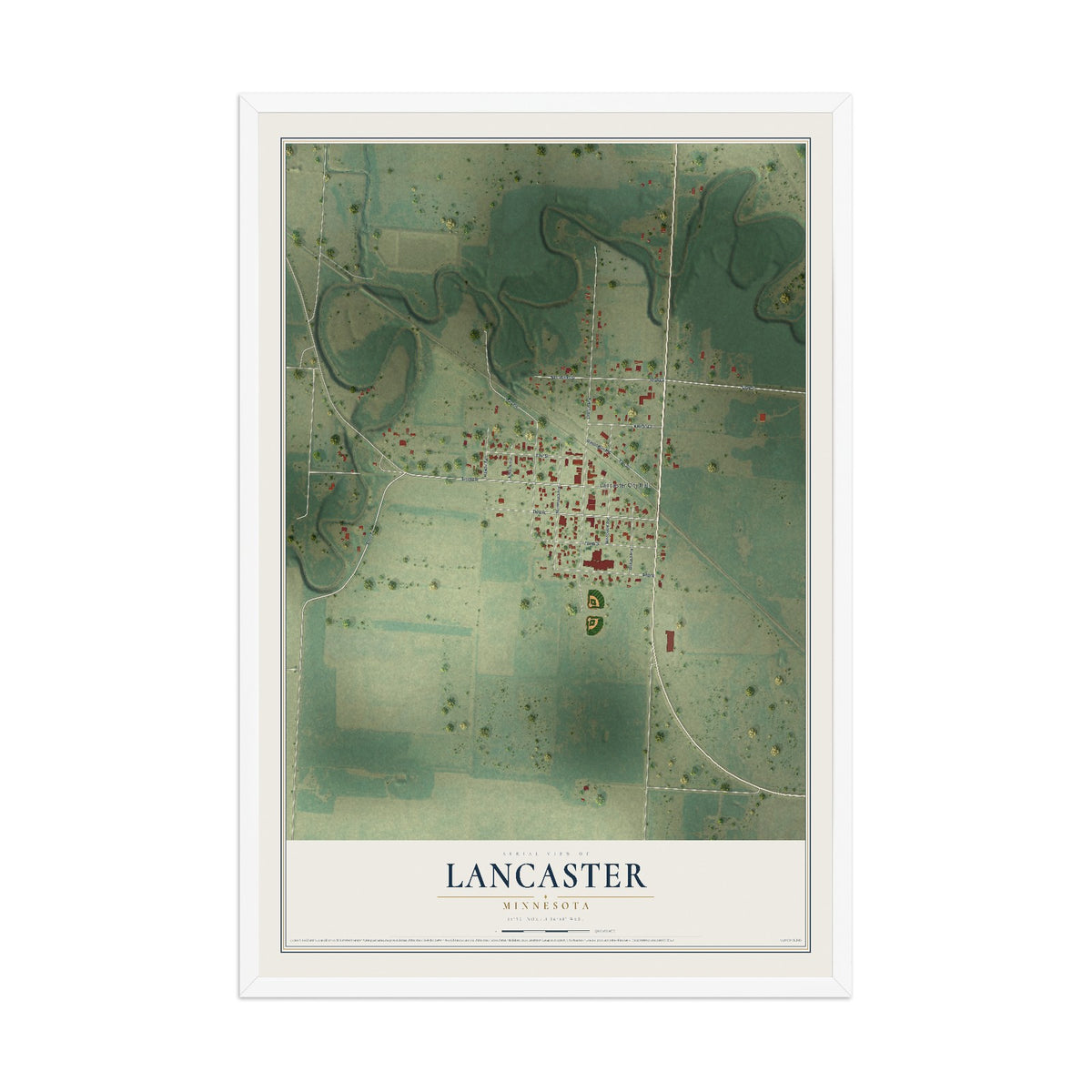 Map of Lancaster, Minnesota, 12 x 18 inch print in a white wood frame