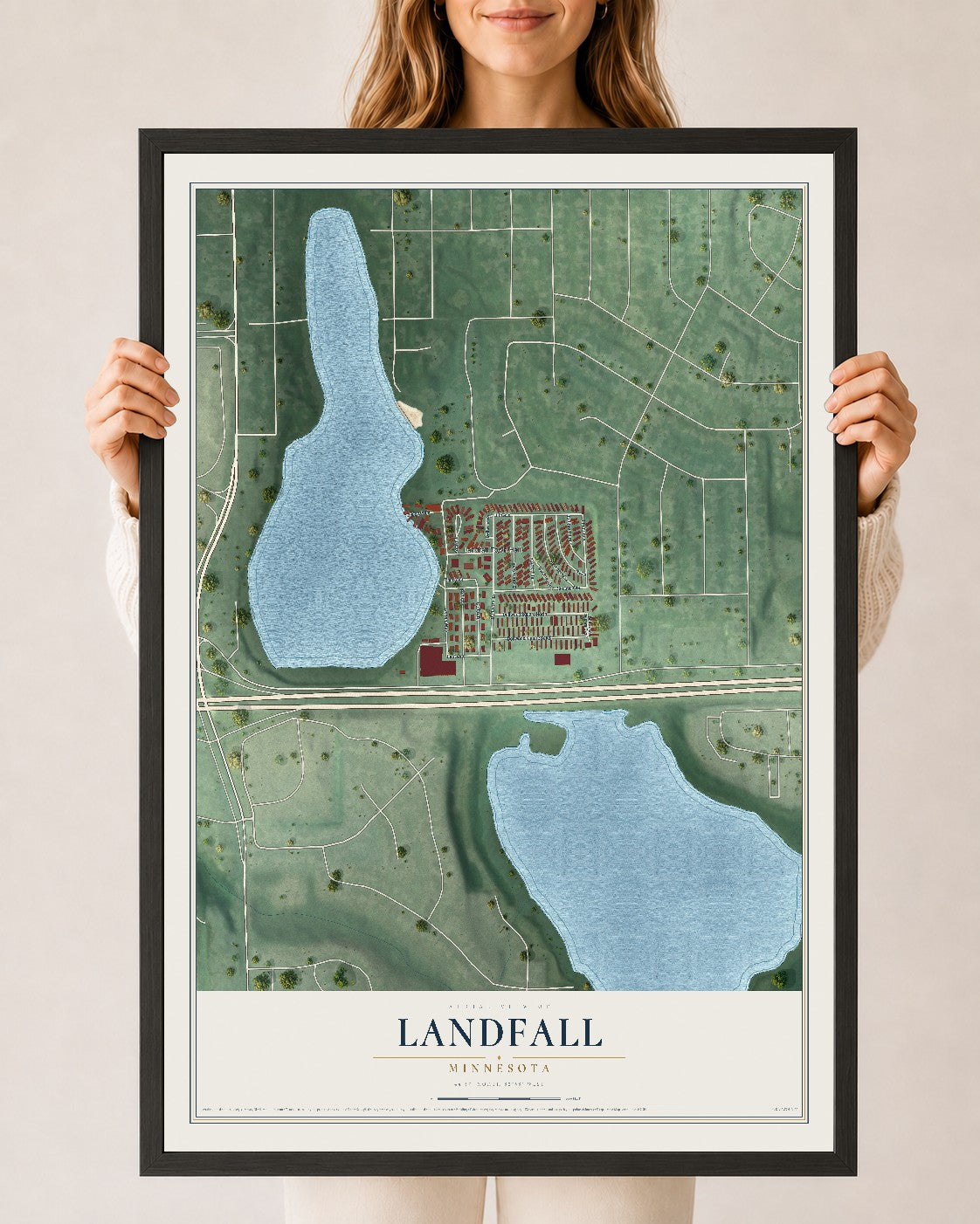 Map of Landfall, Minnesota, 24 x 36 inch print in a black wood frame