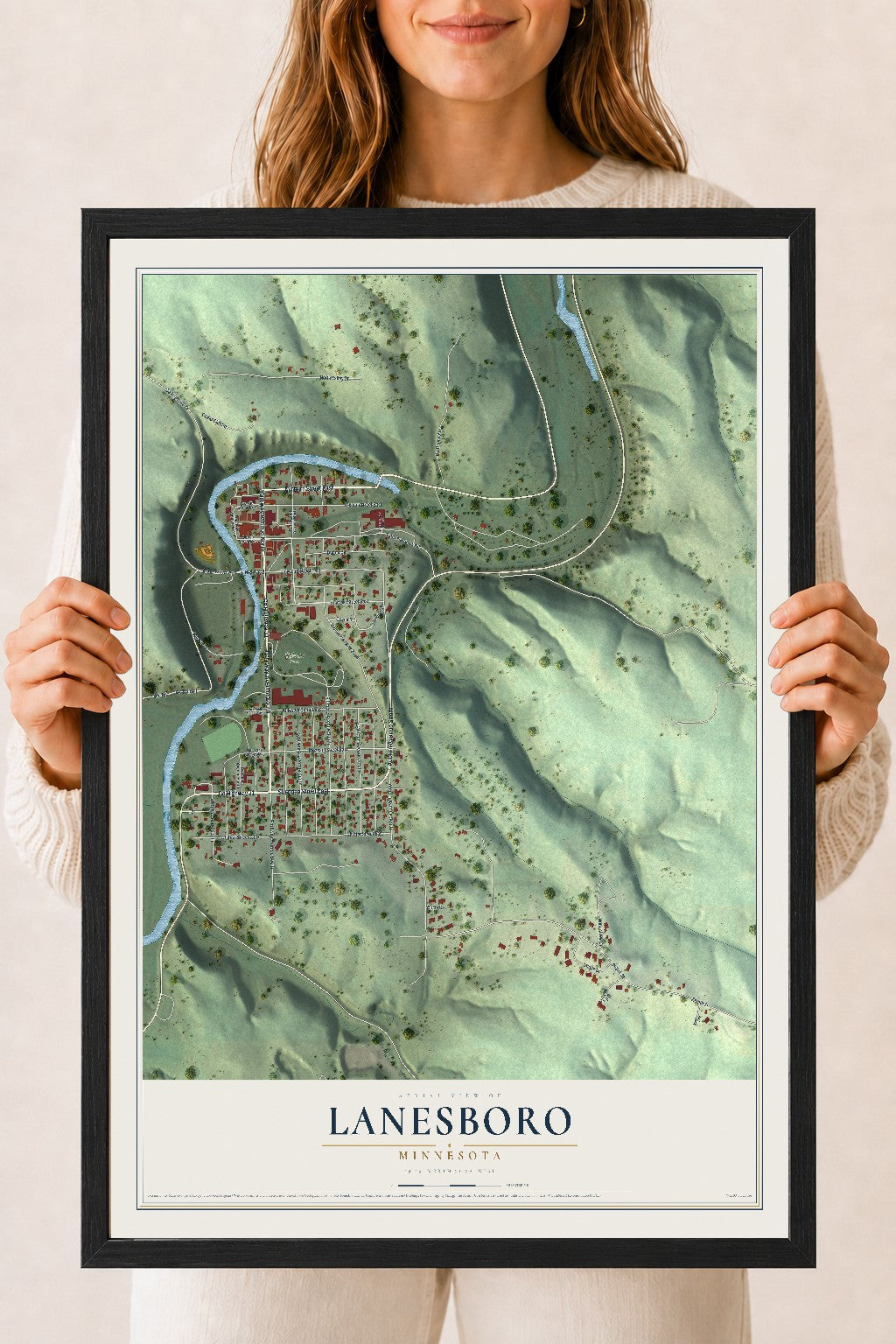 Map of Lanesboro, Minnesota, 18 x 24 inch print in a black wood frame