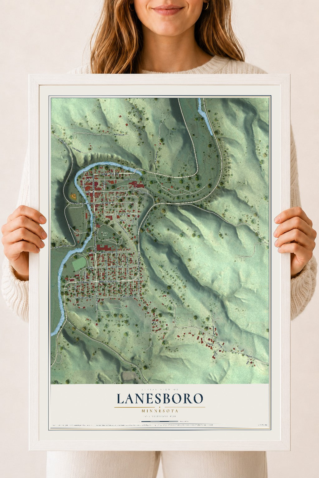 Map of Lanesboro, Minnesota, 18 x 24 inch print in a white wood frame