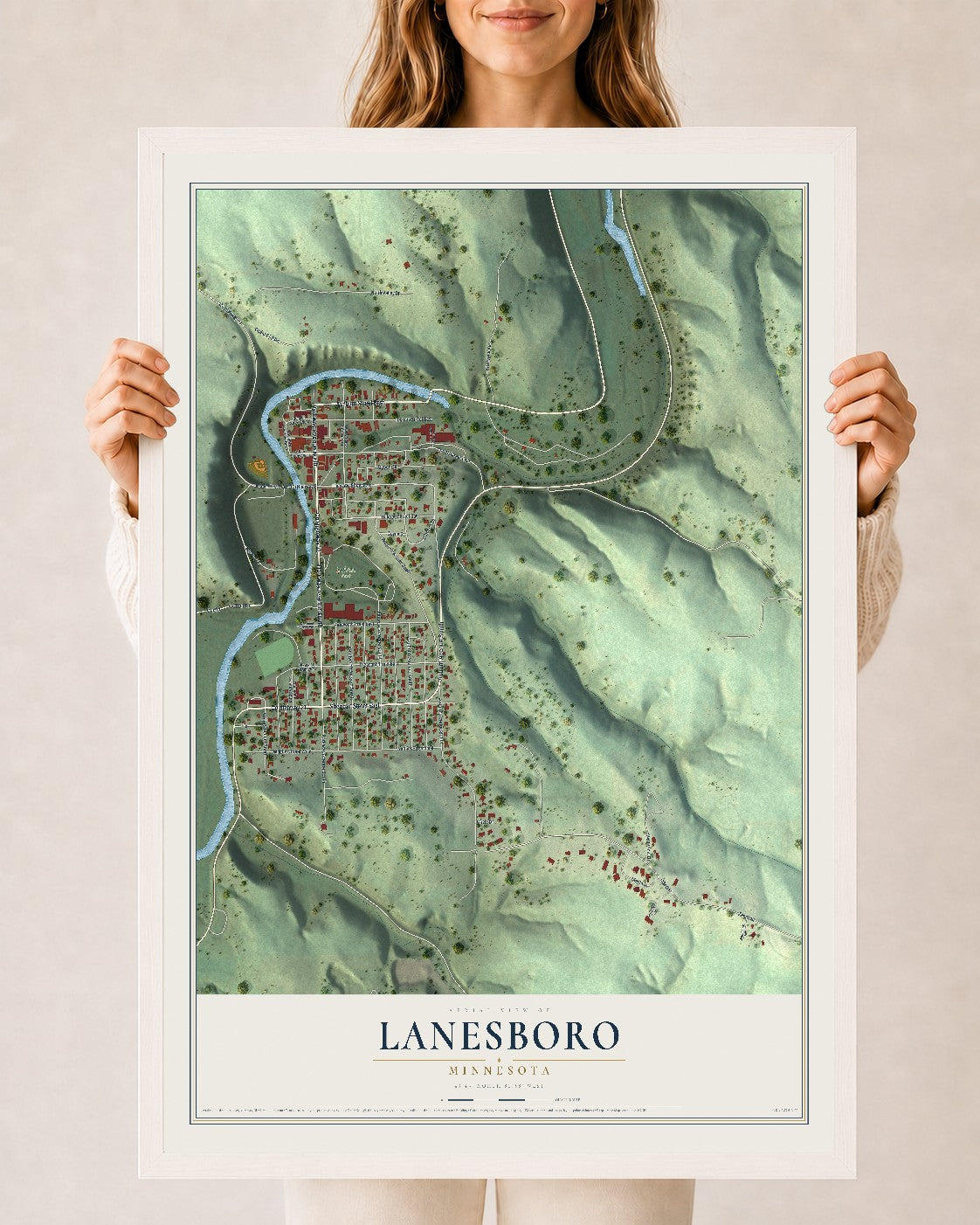 Map of Lanesboro, Minnesota, 24 x 36 inch print in a white wood frame