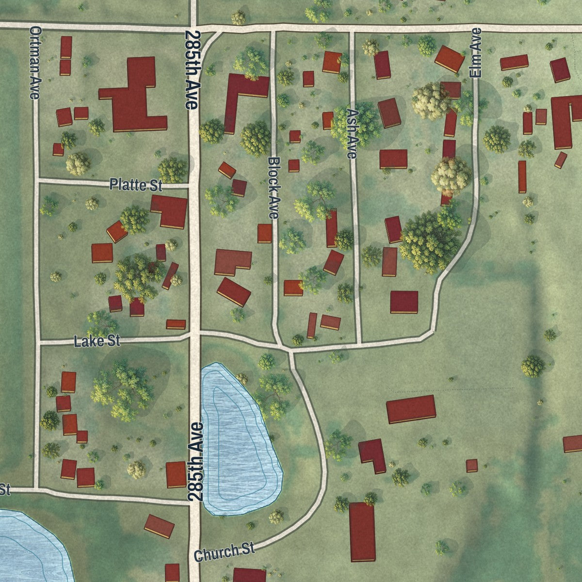 Close-up of the map of Lastrup, Minnesota print showing street and building detail