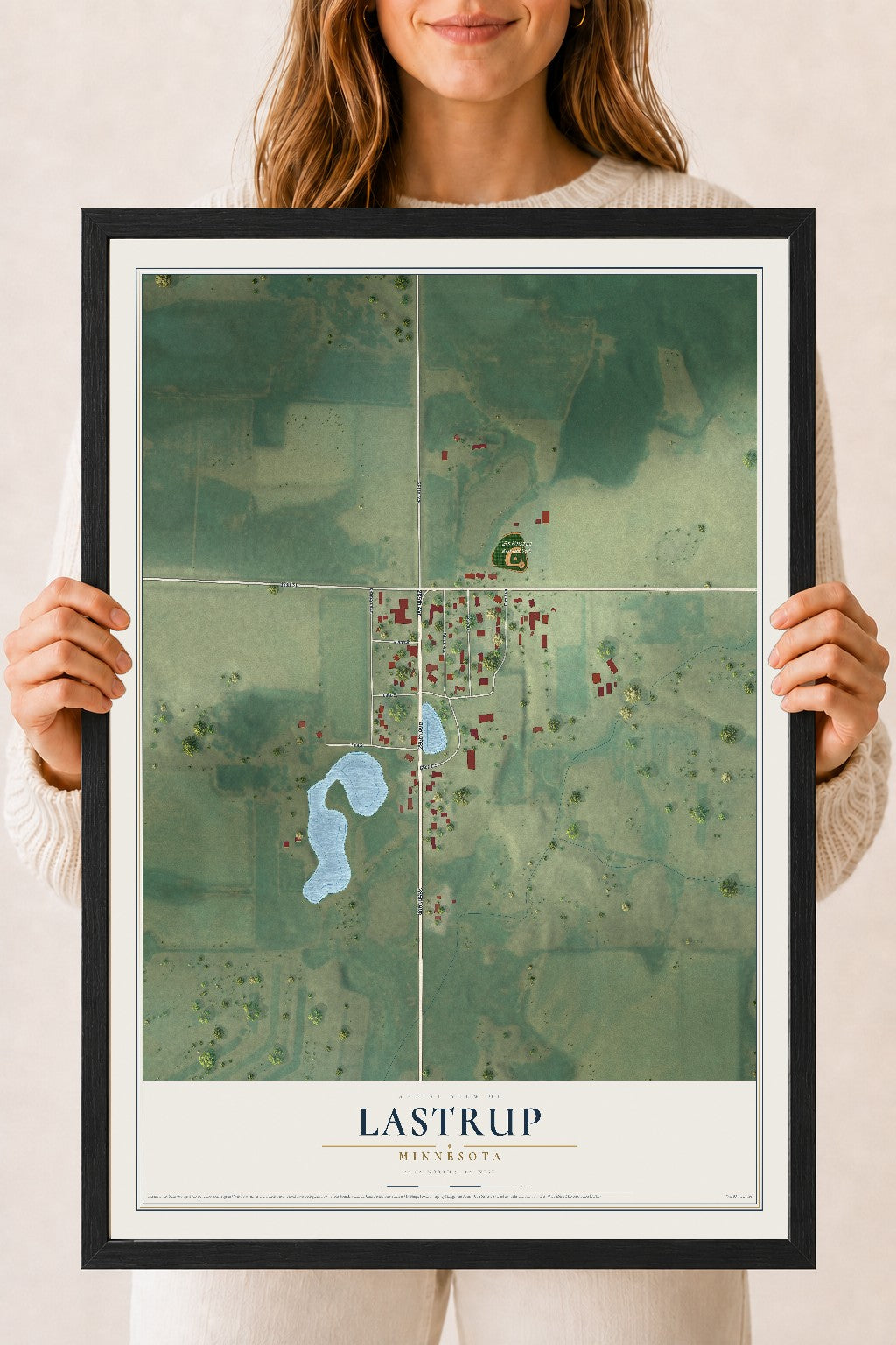 Map of Lastrup, Minnesota, 18 x 24 inch print in a black wood frame