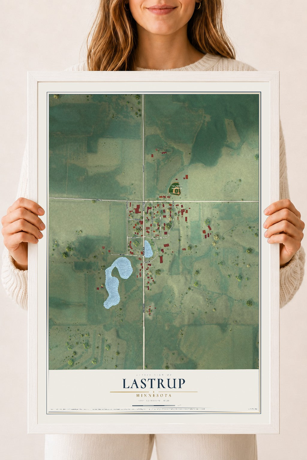 Map of Lastrup, Minnesota, 18 x 24 inch print in a white wood frame