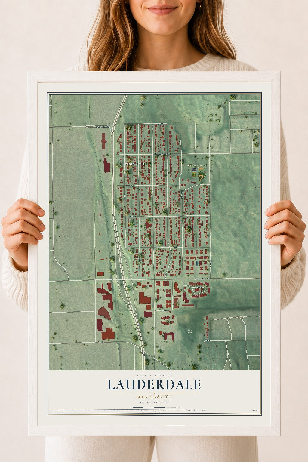 Map of Lauderdale, Minnesota, 18 x 24 inch print in a white wood frame