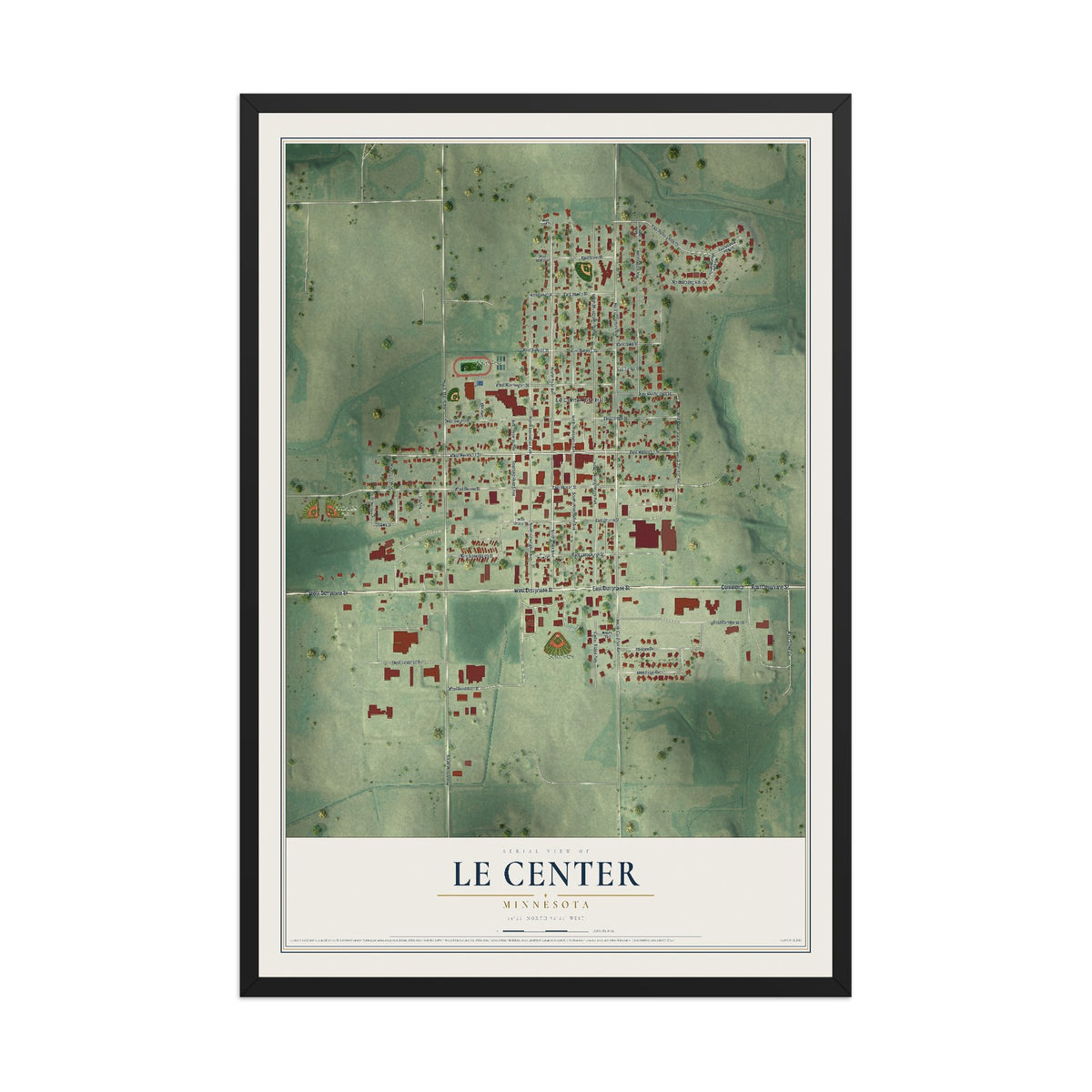 Map of Le Center, Minnesota, 12 x 18 inch print in a black wood frame