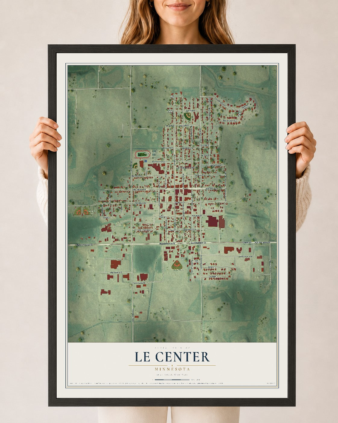 Map of Le Center, Minnesota, 24 x 36 inch print in a black wood frame