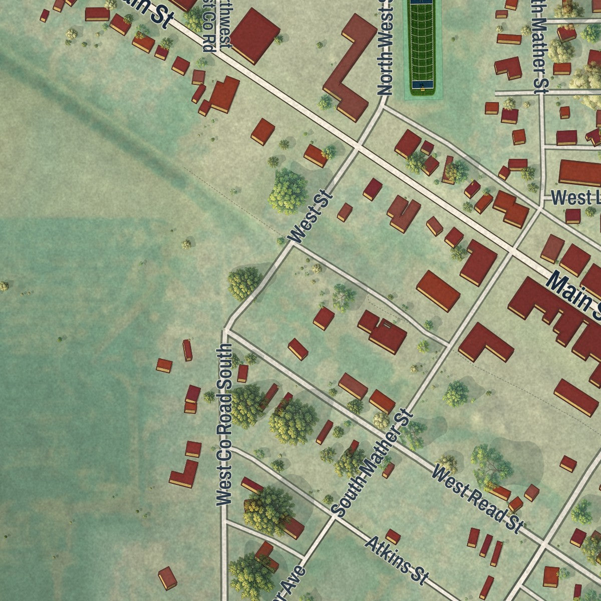 Second close-up of the map of Le Roy, Minnesota print showing more streets and buildings