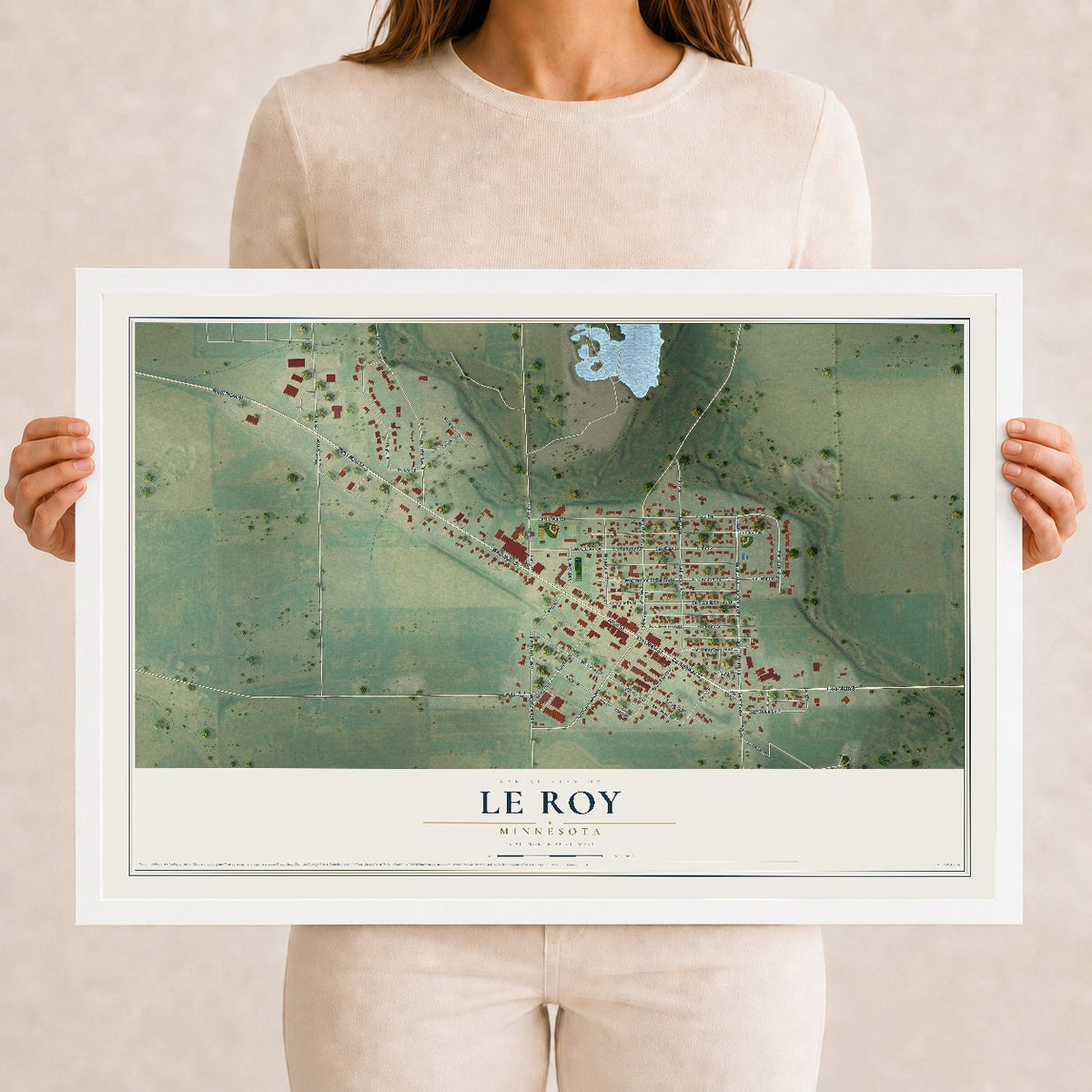 Map of Le Roy, Minnesota, 12 x 18 inch print in a white wood frame
