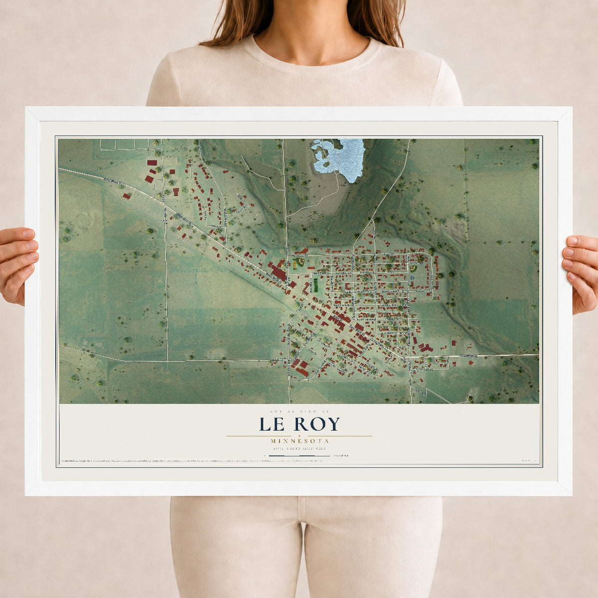 Map of Le Roy, Minnesota, 18 x 24 inch print in a white wood frame