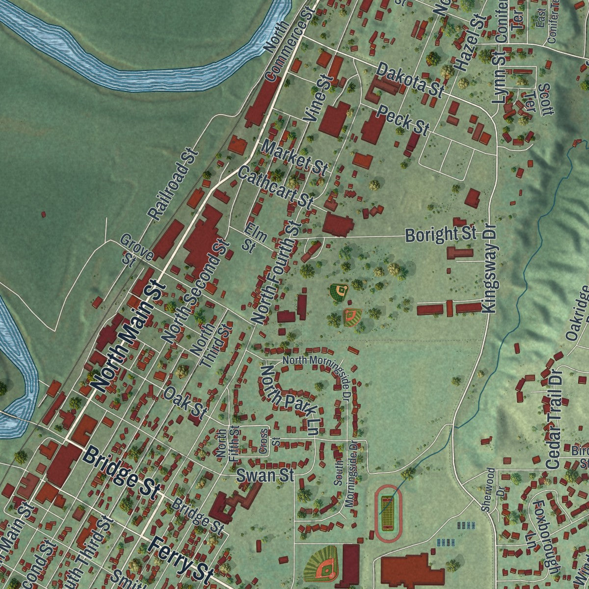 Close-up of the map of Le Sueur, Minnesota print showing street and building detail