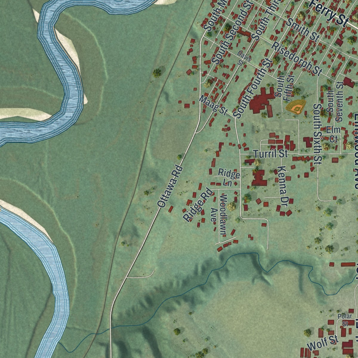 Second close-up of the map of Le Sueur, Minnesota print showing more streets and buildings