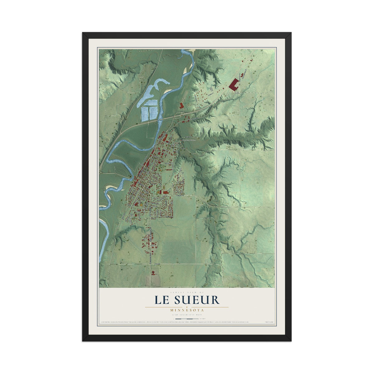 Map of Le Sueur, Minnesota, 12 x 18 inch print in a black wood frame