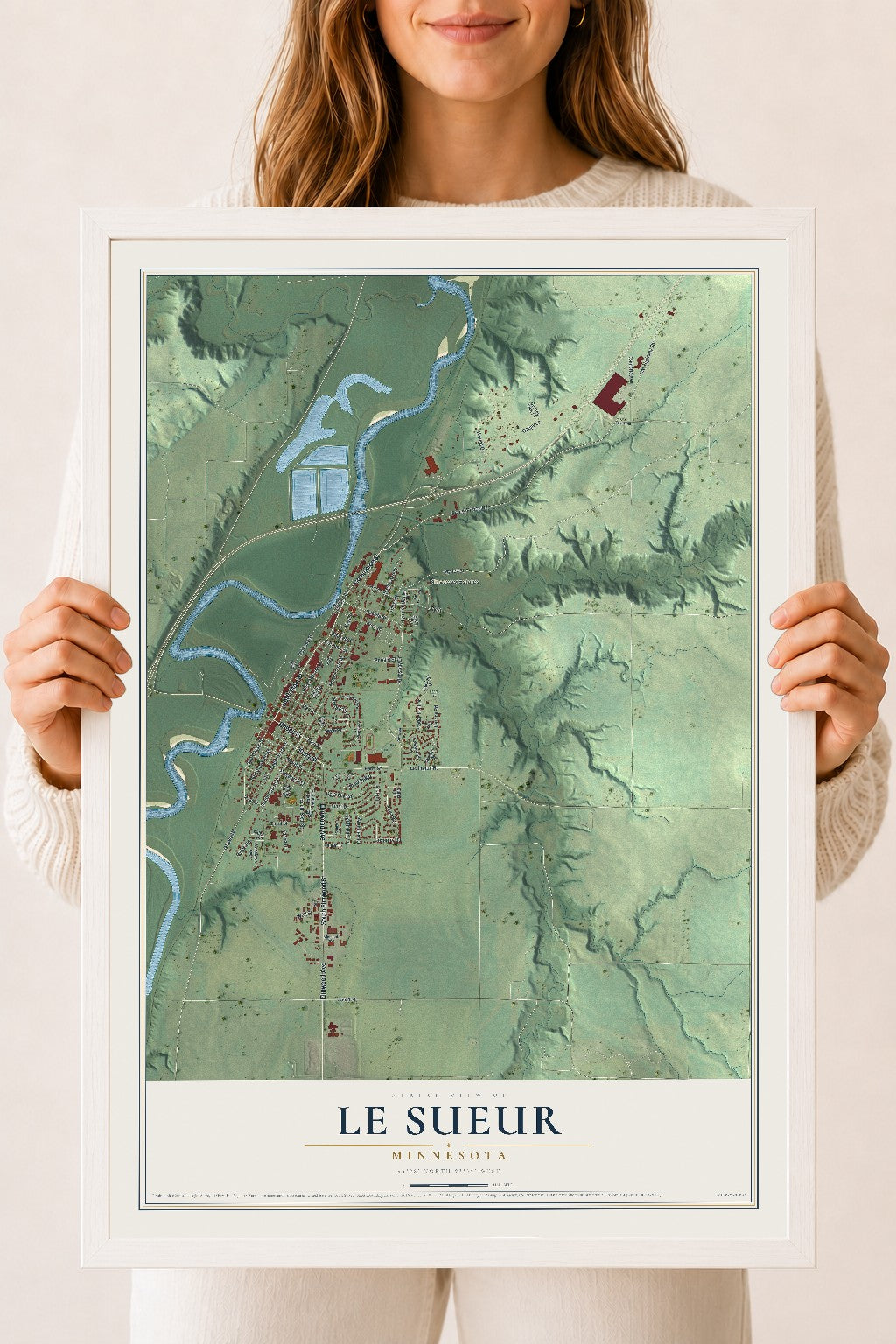 Map of Le Sueur, Minnesota, 18 x 24 inch print in a white wood frame